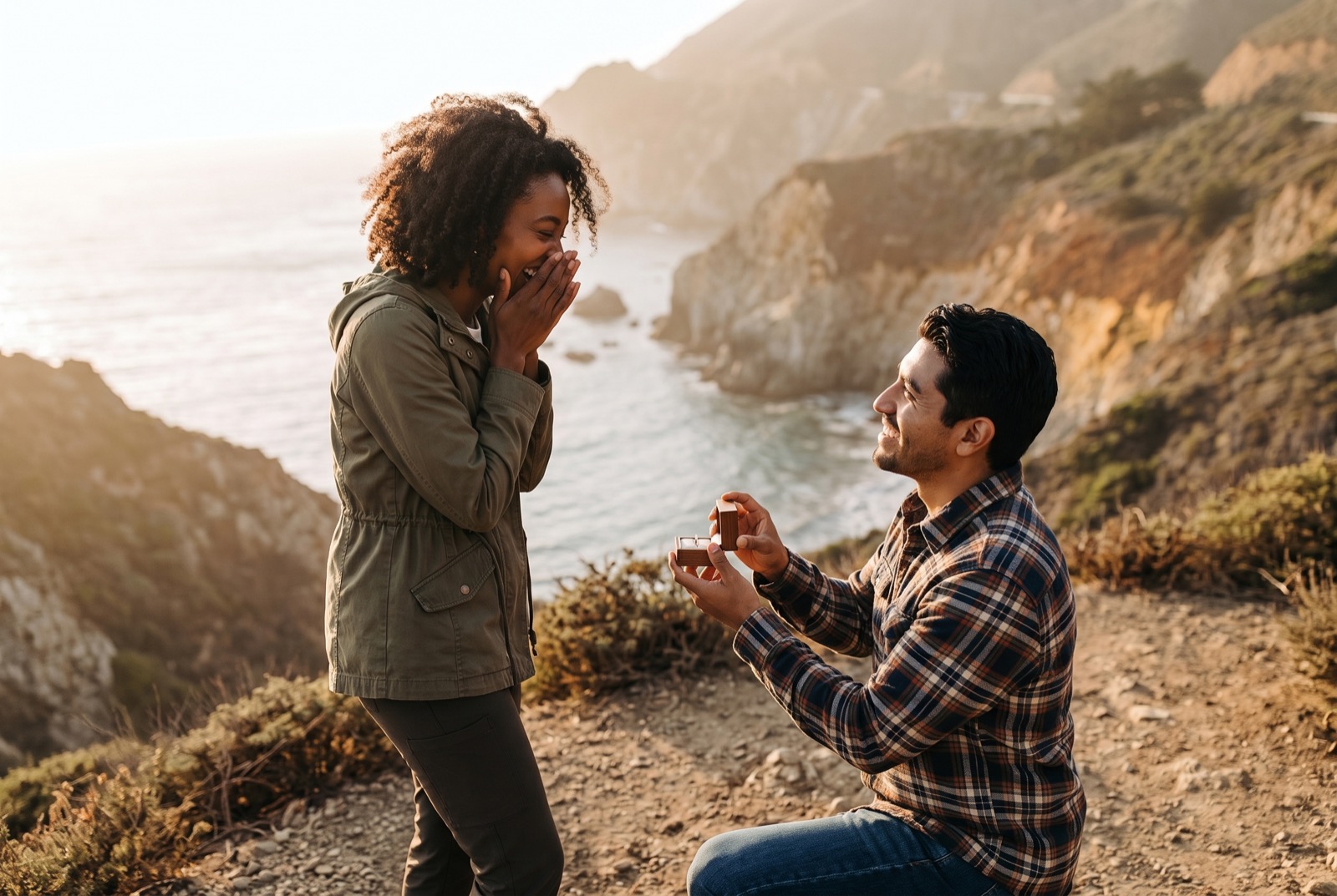 Jordan proposing to Maya on a hiking trail high above the ocean, both of them mid-laugh.